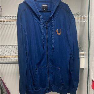 True Religion Blue Zip-Up Hoodie with Brown Logo